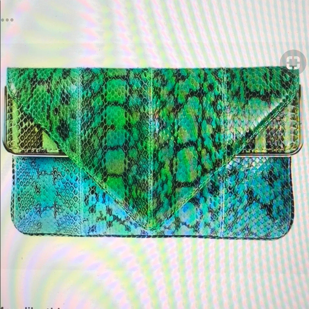 Brian Atwood Green and Teal Snakeskin Envelope Clutch